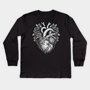 Heart and Flowers (Monochrome) Kids Long Sleeve T-Shirt